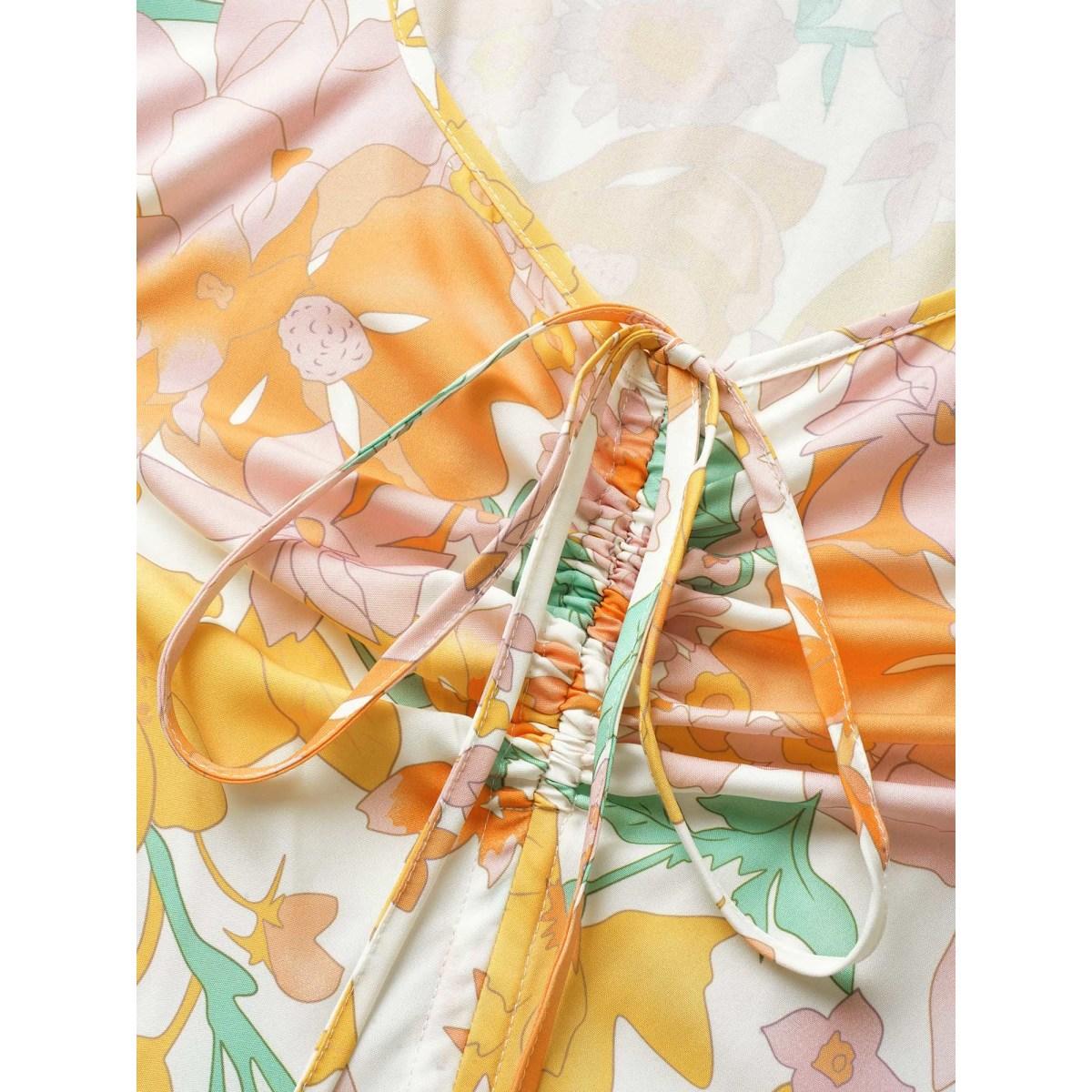 Plus Size V Neck Floral Drawstring Maxi Dress Multicolor Women Elegant Drawstring V-neck Short sleeve Curvy BloomChic 12/L Product Image