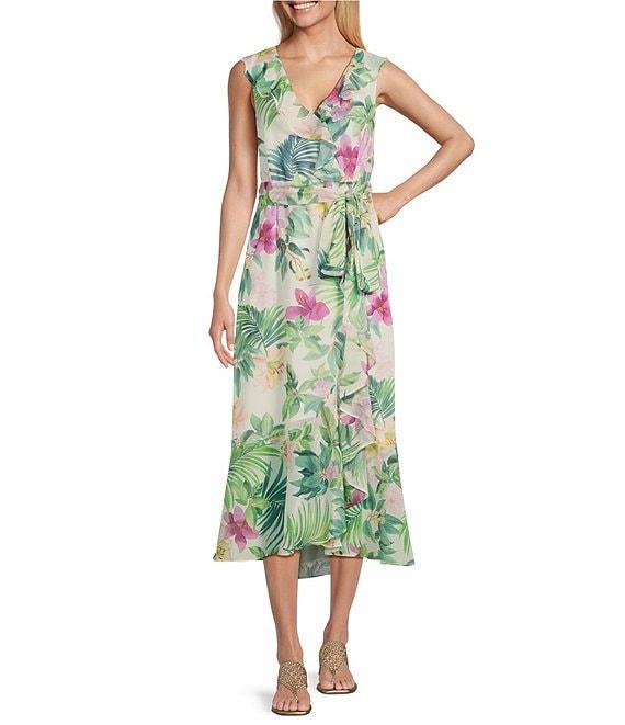 Tommy Bahama Tropical Bliss Crinkle Georgette Surplice V-Neck Sleeveless Ruffle Trim Maxi Dress Product Image