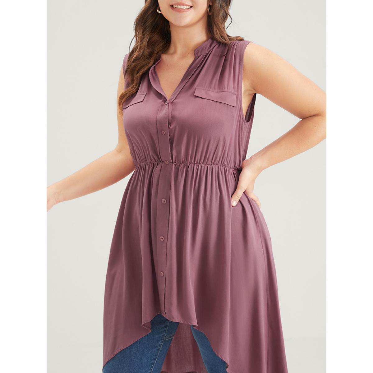 Plus Size DustyPink Solid Gathered Button High Low Hem Fake Pocket Tank Top Women Elegant Sleeveless V-neck Dailywear Blouses BloomChic 10/M Product Image