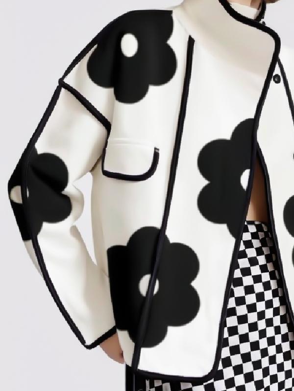 Long Sleeves Loose Contrast Color Flower Print Split-Joint Stand Collar Jackets Outerwear Product Image