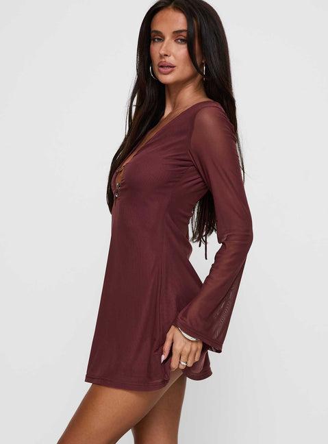 Artique Long Sleeve Mini Dress Brown Product Image