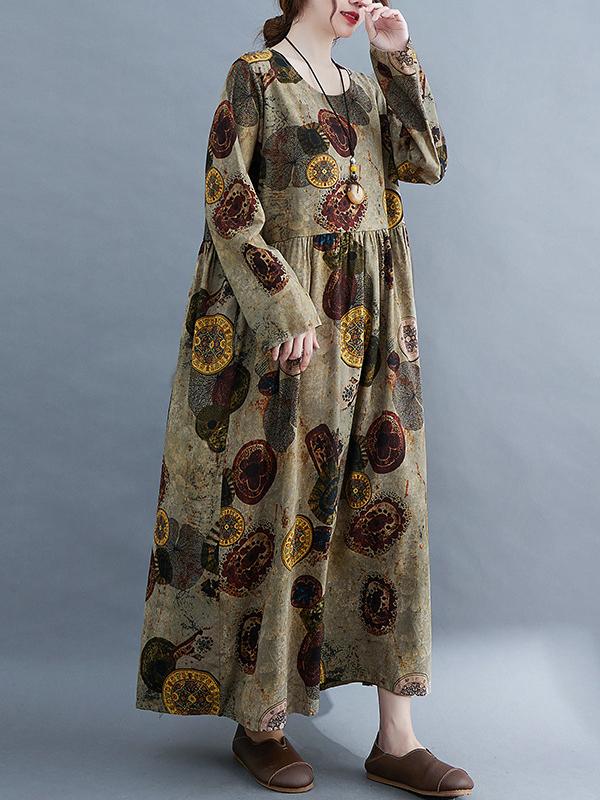 Artistic Retro Loose Long Sleeves Printed Round-Neck Maxi Dresses Product Image