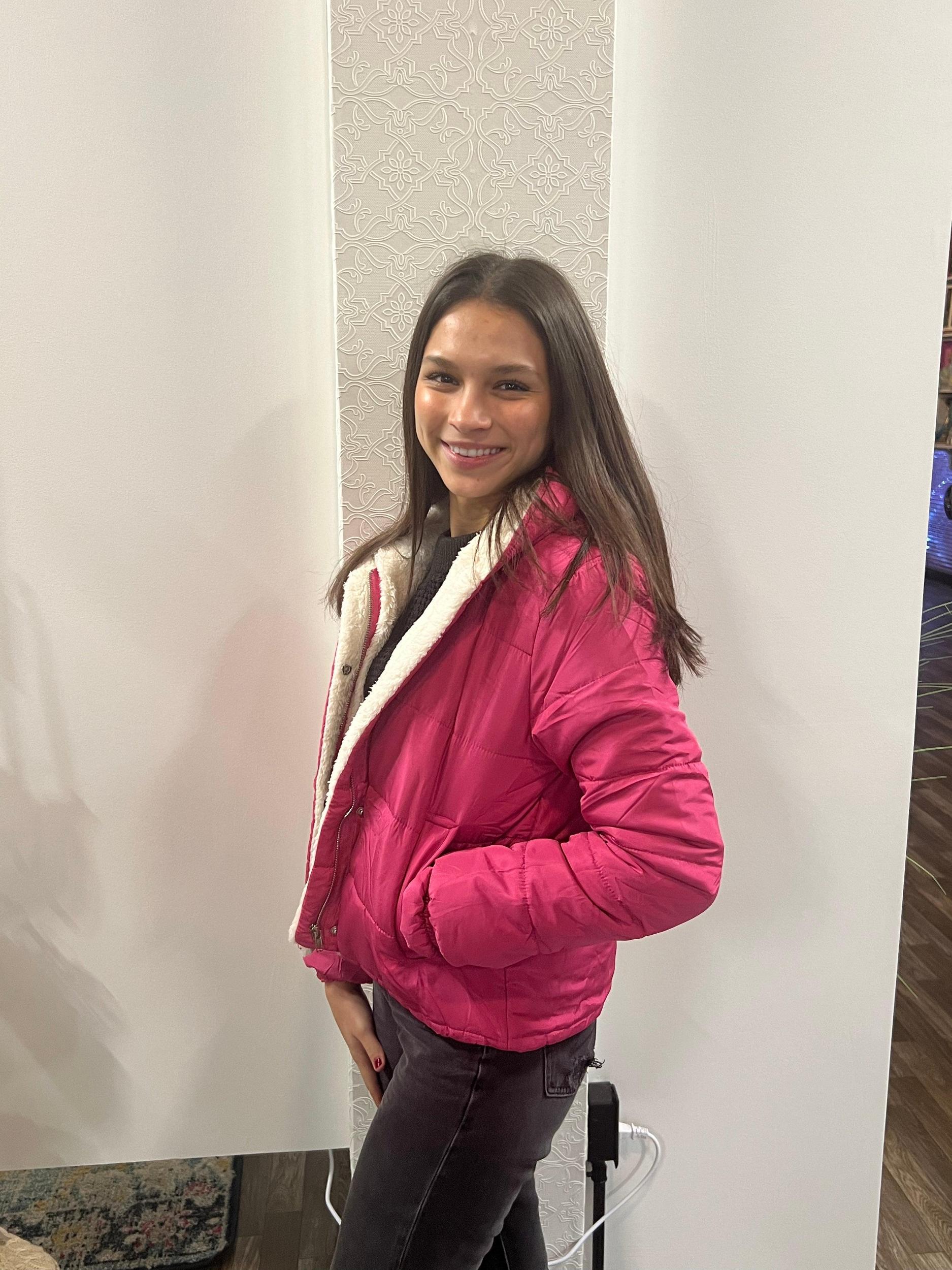 Women's Hot Pink Long Sleeve Inside Faux Fur Hoodie Puffer Jacket Product Image