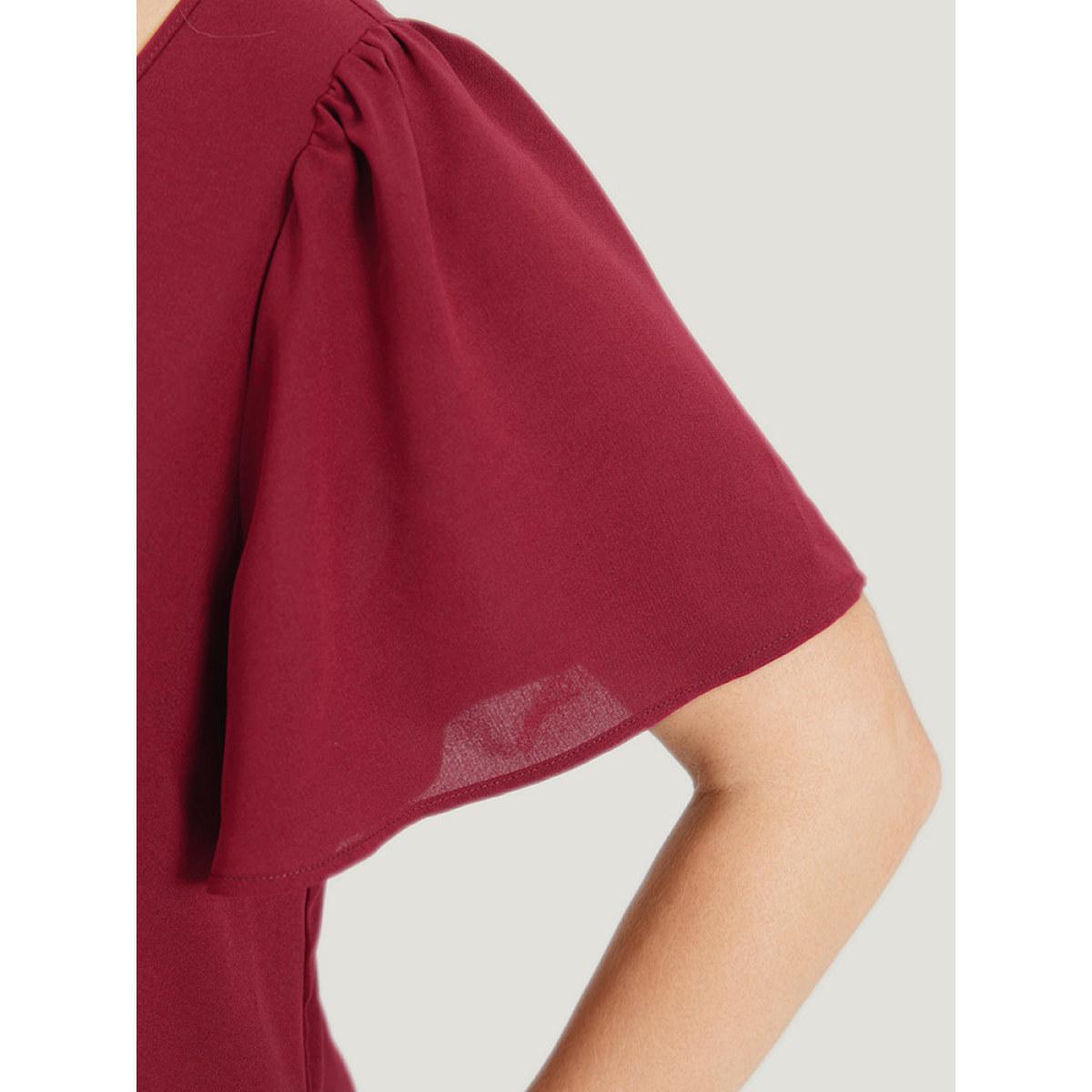 Plus Size Plain Plicated Detail Round Neck Ruffle Sleeve Dress Scarlet Women Casual Plain Round Neck Short sleeve Curvy Midi Dress BloomChic 18-20/2X Product Image
