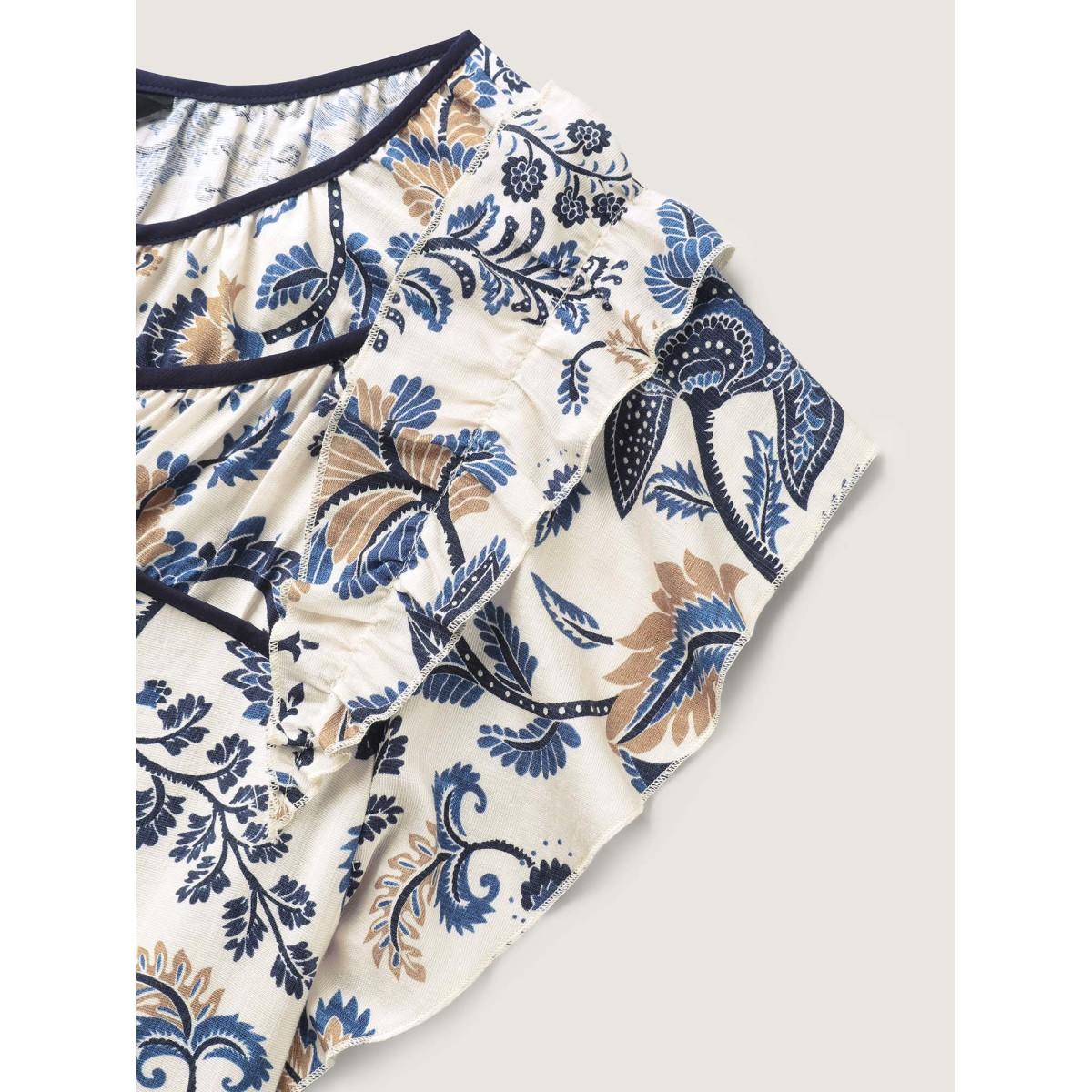 Plus Size Indigo Floral Print Contrast Neck Tie Blouse Women Cap Sleeve Round Neck Vacation Blouses BloomChic 18-20/2X Product Image