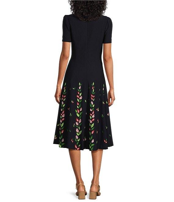 Investments Scuba Crepe Vines Short Sleeve Fit and Flare V-Neck Midi Dress Product Image