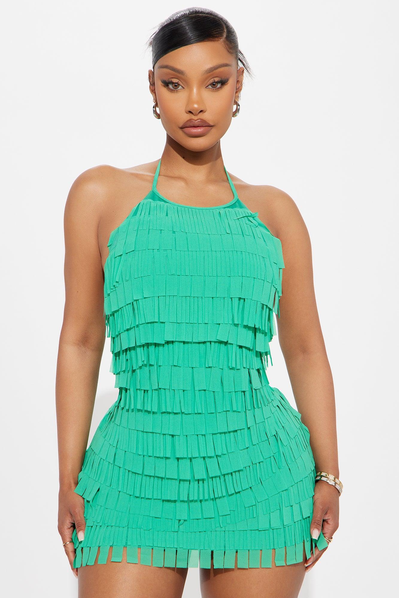 Fernanda Chiffon Fringe Mini Dress - Green Product Image