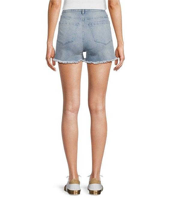 Reba Mid Rise 5 Pocket Frayed Hem Stretch Denim Cut Off Shorts Product Image