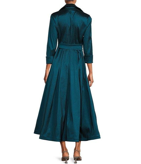 Marina 3/4 Sleeve Point Collar Neck Tie Waist Taffeta Midi A-Line Dress Product Image