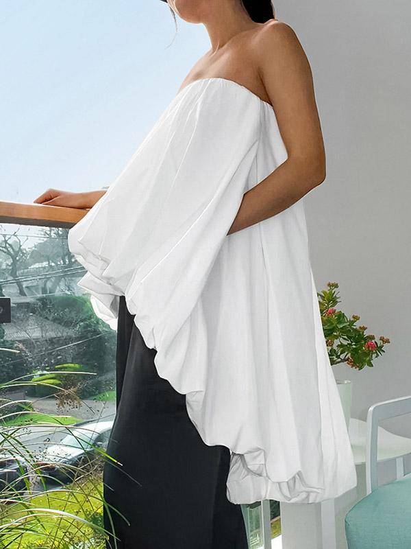 High-Low Sleeveless Elasticity Pleated Solid Color Split-Joint Tube Blouses&Shirts Tops Product Image