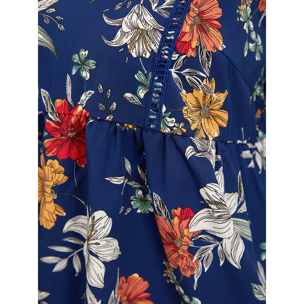 Plus Size Indigo Floral Lantern Sleeve Lace Gathered Notched Blouse Women Elegant Elbow-length sleeve Notched collar Dailywear Blouses BloomChic 26/4X Product Image