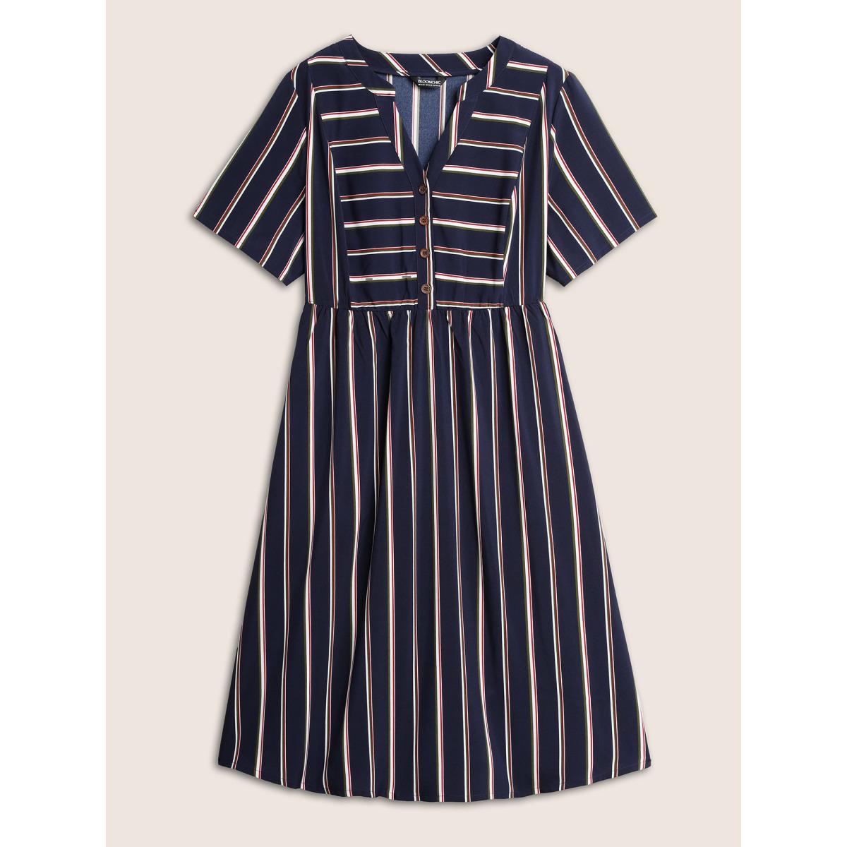 Plus Size Notched Collar Striped Elastic Waist Midi Dress DarkBlue Women At the Office Button Notched collar Short sleeve Curvy BloomChic 10/M Product Image