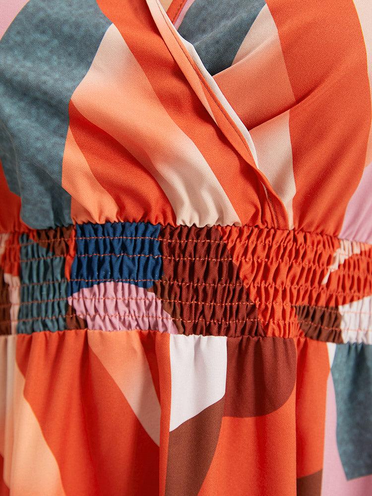 Colour Geometric Contrast Shirred Ruffles Elastic Waist Dress Female Product Image