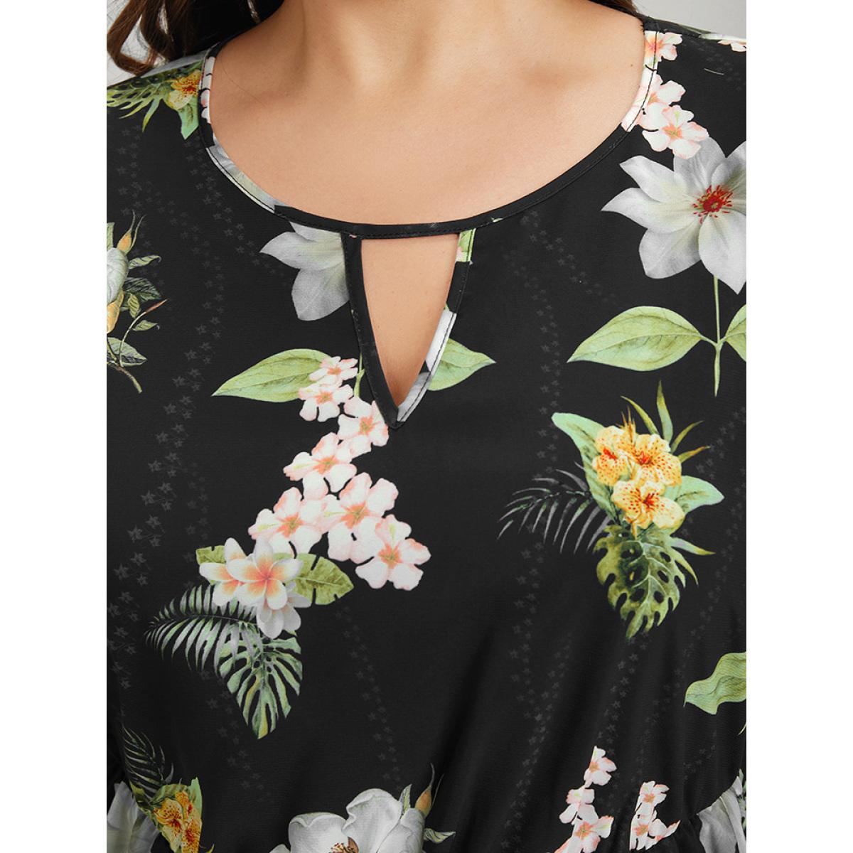 Plus Size Floral Print Ruffle Pocket Keyhole Round Neck Dress BlackFlower Women Elegant Keyhole V-neck Short sleeve Curvy Midi Dress BloomChic 14-16/1X Product Image