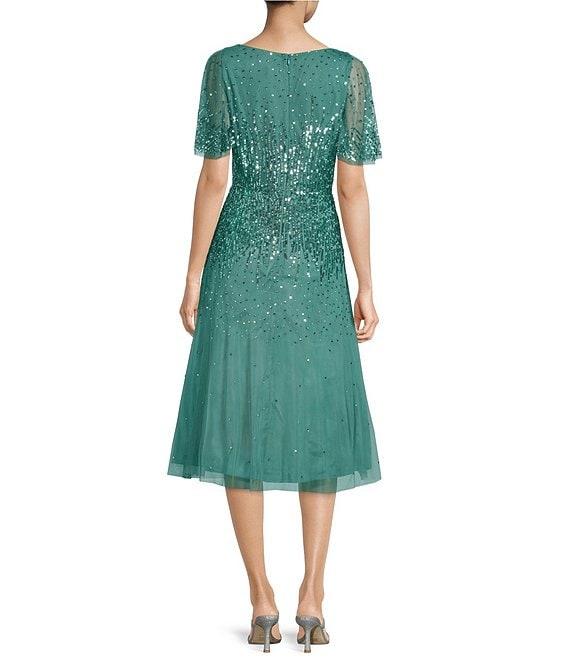 Aidan Mattox Beaded V-Neck Short Sleeve A-Line Midi Dress Product Image