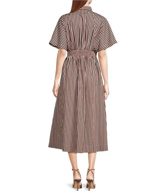 Sugarlips Striped Point Collar Dolman Sleeves Pleated Smocked Button Front Cotton Poplin Dress Product Image