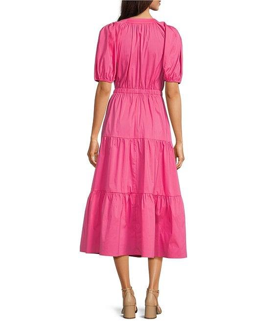Anne Klein Poplin V-Neck Short Puff Sleeve Waist Tie Blouson Midi Dress Product Image