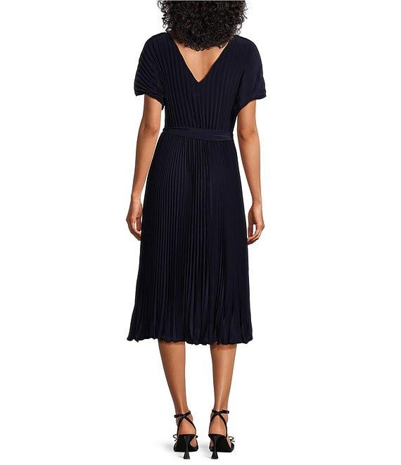 Marina Boat Neck Short Sleeve Pleated Tie Waist Midi Dress Product Image