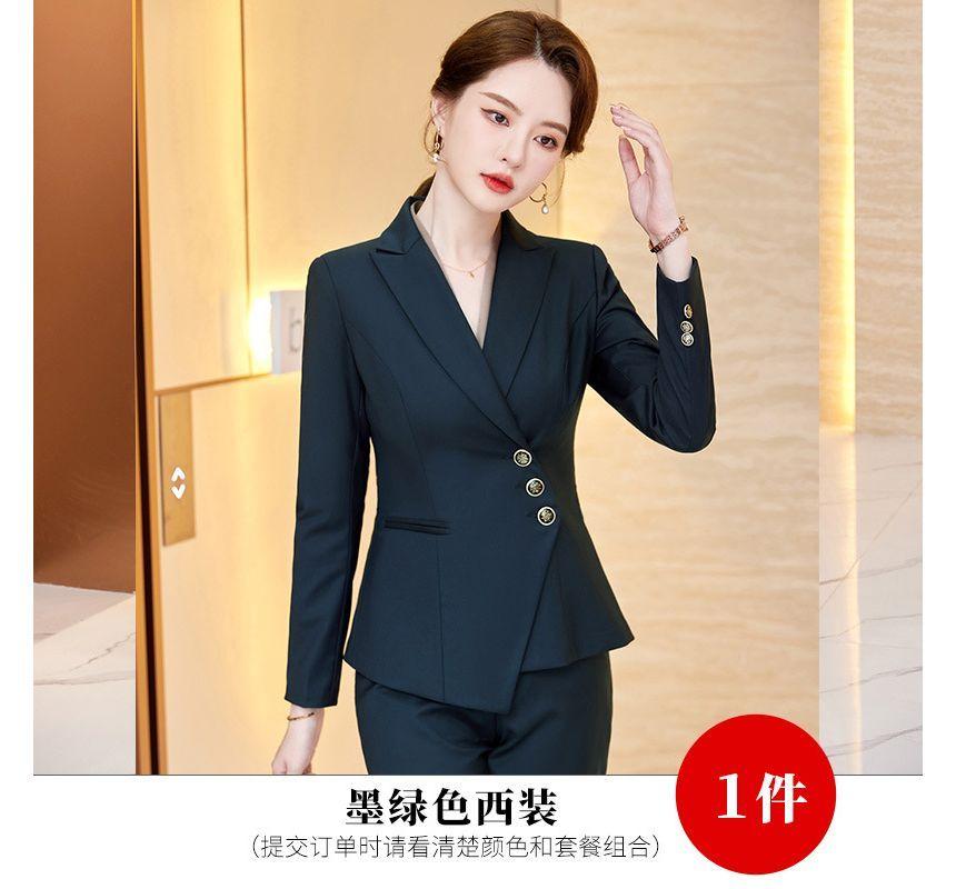 Peak Lapel Plain Asymmetrical Button Blazer / High Rise Straight Leg Slacks / High Rise Mini Pencil Skirt / Long-Sleeve V-Neck Plain Blouse Product Image
