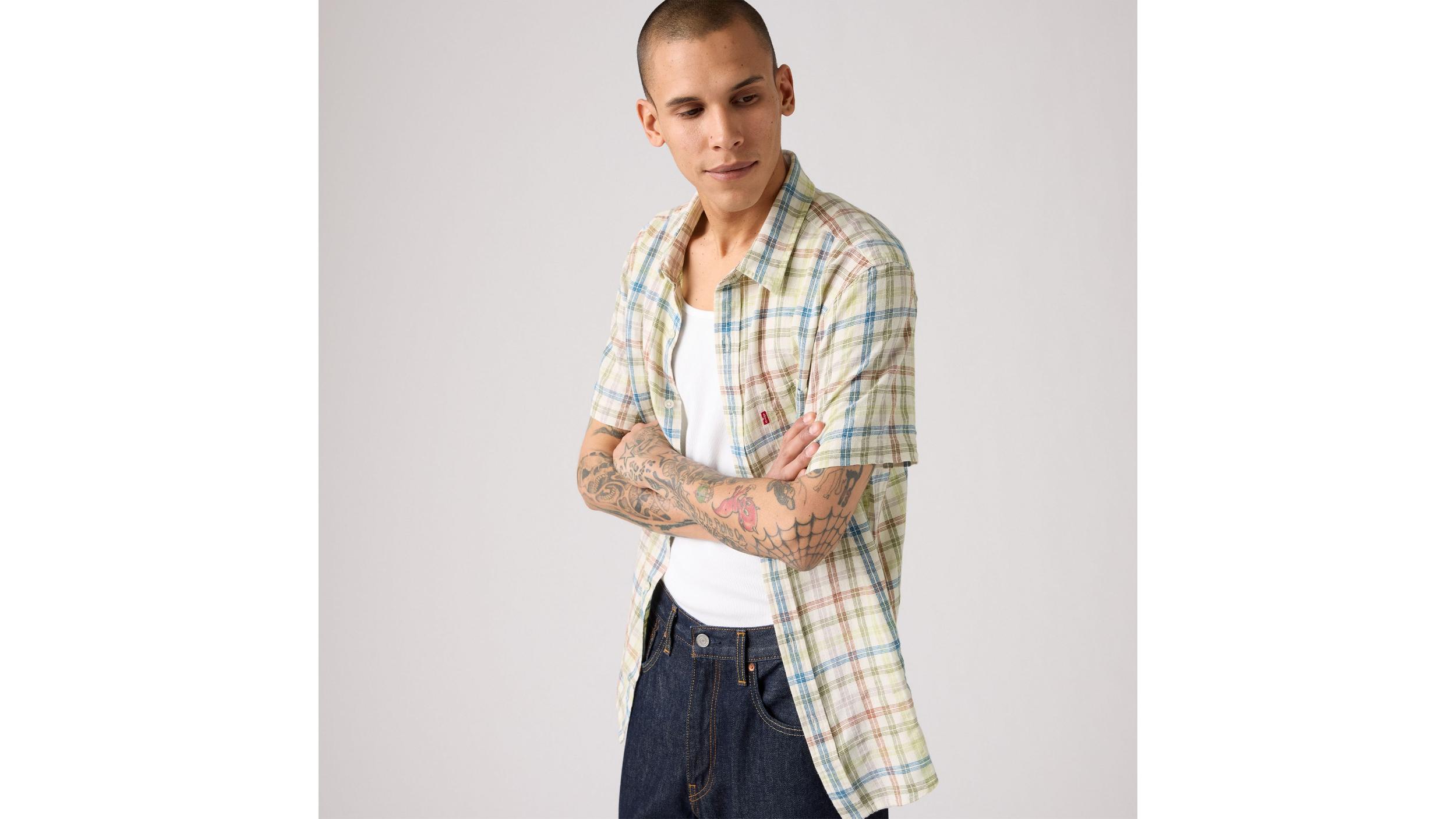 Short Sleeve Sunset Cotton Linen One Pocket Shirt Product Image