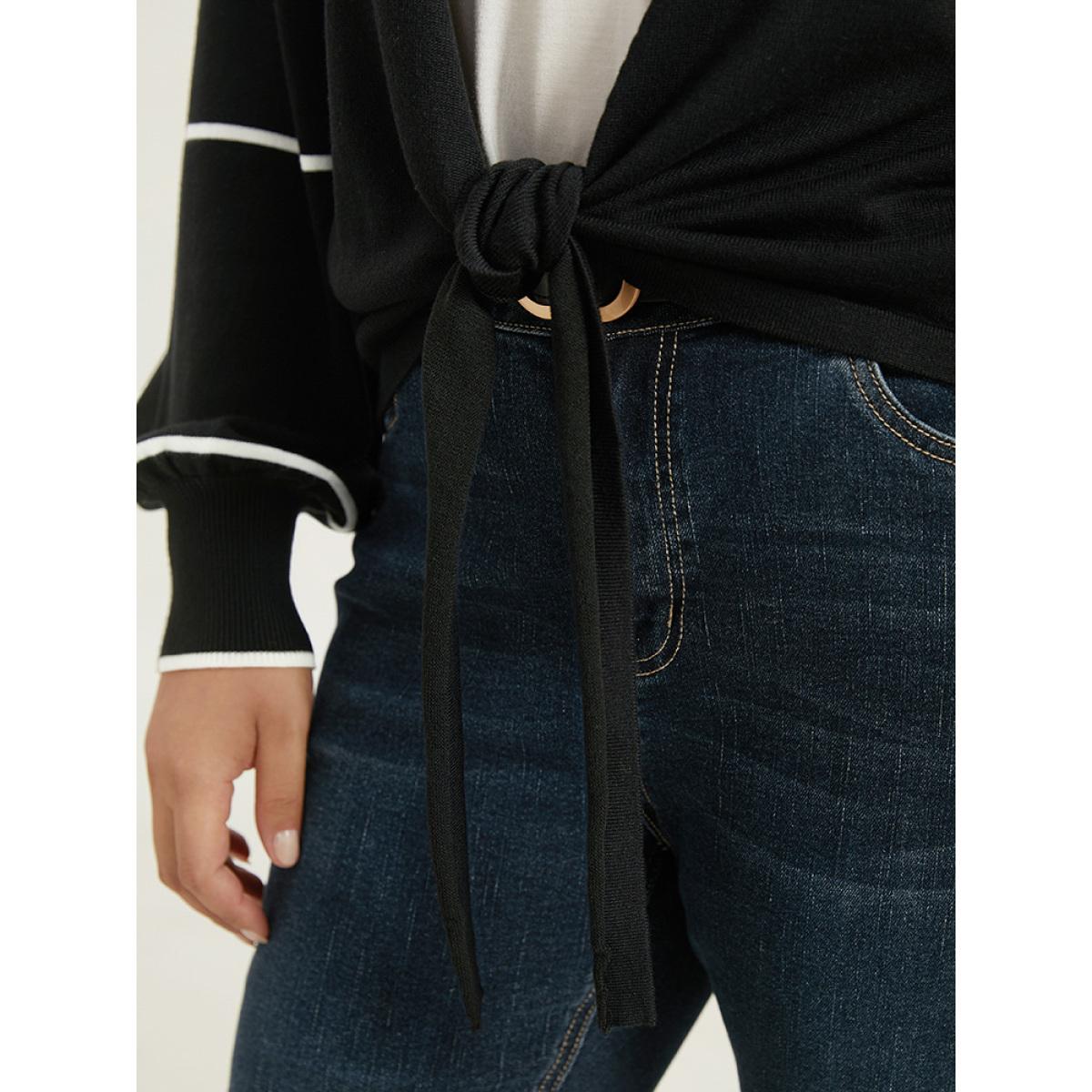 Plus Size Supersoft Essentials Striped Contrast Ties Lantern Sleeve Cardigan Black Women Casual Loose Long Sleeve Dailywear Cardigans BloomChic 14-16/1X Product Image