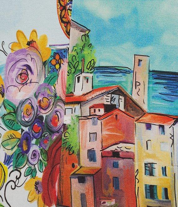 JOHNNY WAS Plus Janie Favorite Scenic Print Knit Crew Neck Short Sleeve Asymmetrical Hem Midi Dress Product Image