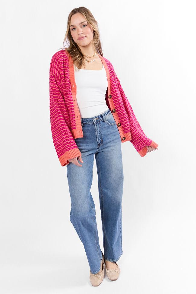 Triple Take Pink and Orange Woven Textured Knit Cardigan FINAL SALE Product Image