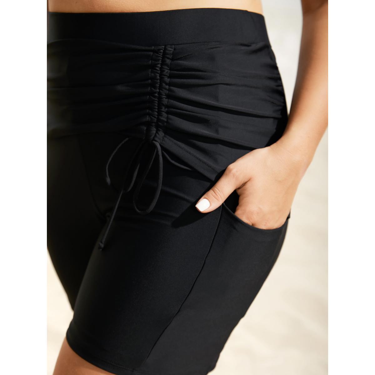 Plus Size High Rise Tiered Drawstring Gathered Swim Bottom Women's Swimwear Black Beach Gathered High stretch Skinny High Rise Side seam pocket Curve Swim Bottoms BloomChic 30/6X Product Image