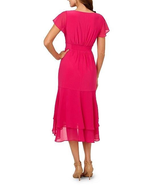 Adrianna Papell Chiffon Jersey V-Neck Short Sleeve High-Low Hem A-Line Midi Dress Product Image