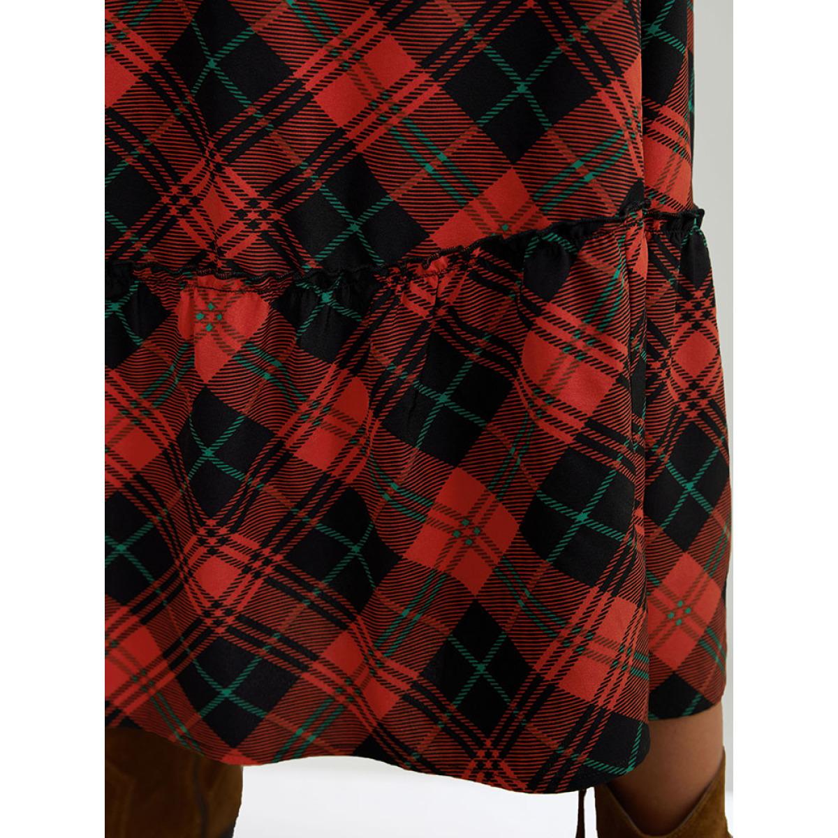 Plus Size Plaid Shirred Frill Trim Pocket Square Neck Dress Scarlet Women Elegant Elastic cuffs Square Neck Long Sleeve Curvy Midi Dress BloomChic 30/6X Product Image