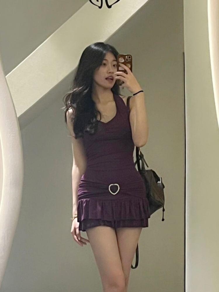 Halter V-Neck Plain Ruffle Mini Bodycon Dress Product Image