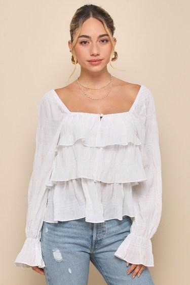 Tier Decadence Ivory Tiered Ruffled Long Sleeve Button-Up Top Product Image