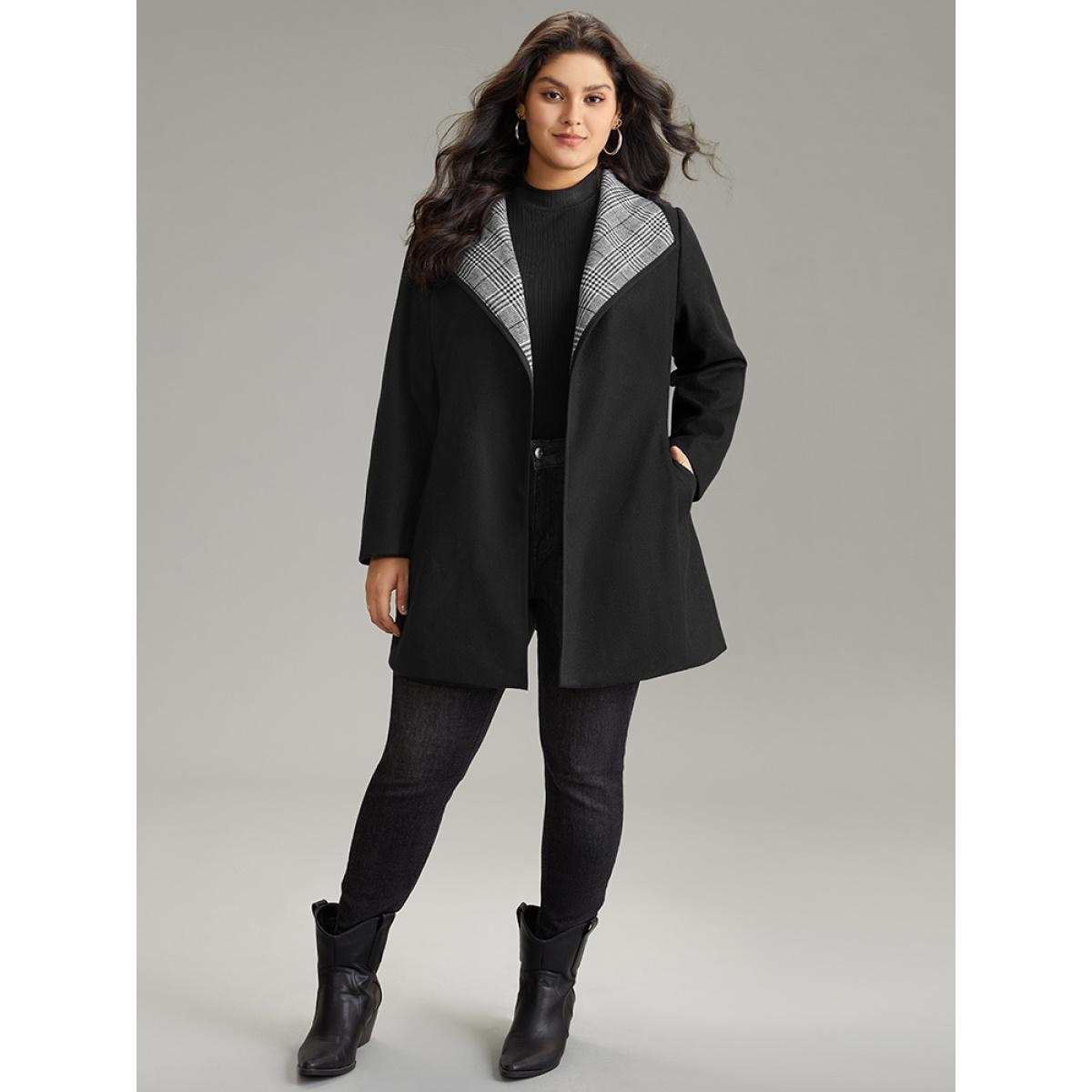 Plus Size Lapel Collar Patchwork Belted Contrast Coat Women Black Casual Lined Ladies Everyday Winter Coats BloomChic 28/5X Product Image