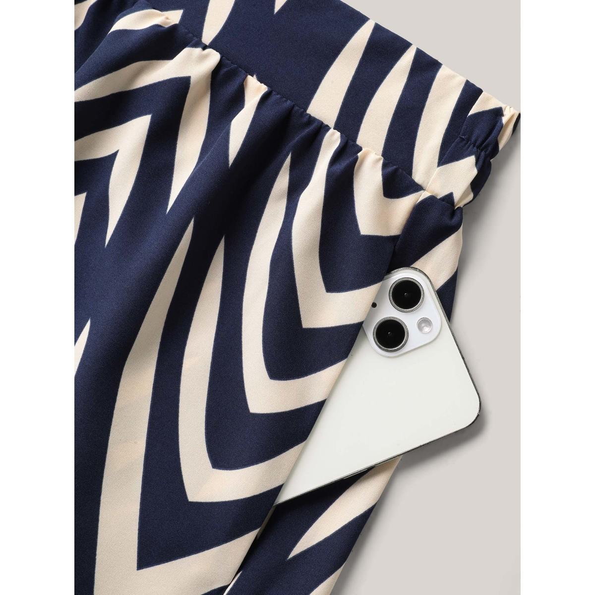 Plus Size Geometric Print High Low Hem Skirt Women Navy Loose No stretch Side seam pocket Work Skirts BloomChic 12/L Product Image