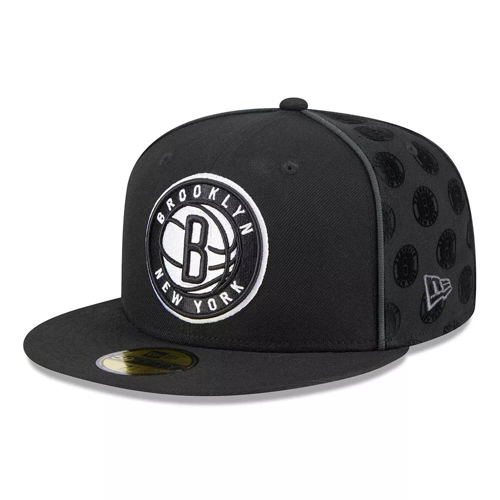 Men's New Era Black Brooklyn Nets Piped & Flocked 59Fifty Fitted Hat,  Product Image