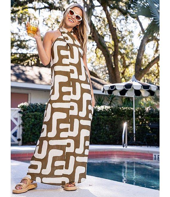 CROSBY by Mollie Burch Cleo Abstract Print Tie Halter Linen Blend Maxi Dress Product Image
