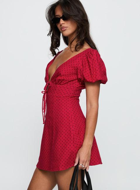 Beloved Puff Sleeve Linen Blend Mini Dress Red Polka Product Image