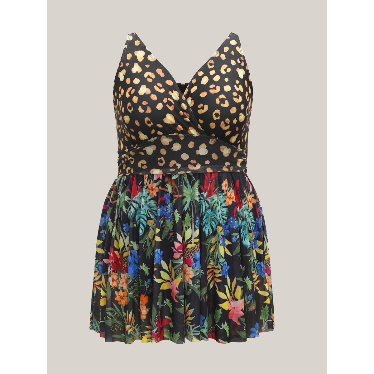 Plus Size Tropical Print Bust-Defining Swim Dress Women's Swimwear Black Beach Bodycon Overlap Collar High stretch Curve Swim Dresses BloomChic 22-24/3X Product Image