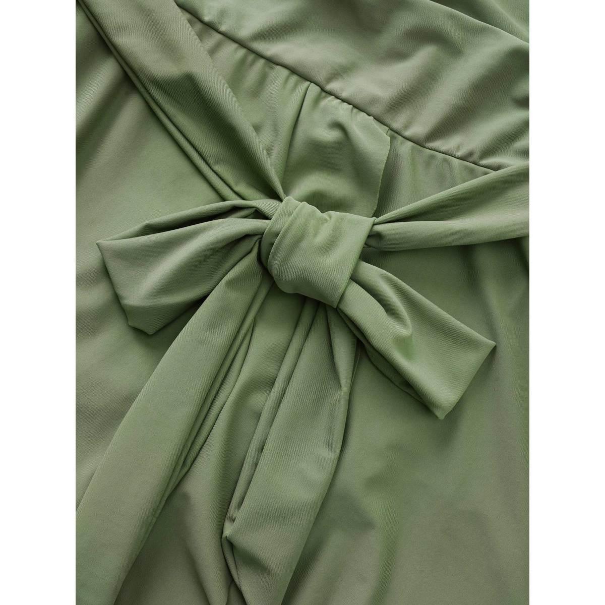 Plus Size Plain Ties Wrap Flutters Swim Dress Women's Swimwear Moss Resort Bodycon Overlap Collar High stretch Curve Swim Dresses BloomChic 10/M Product Image