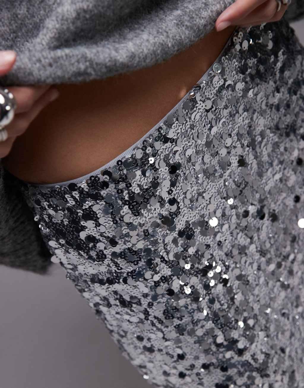 Mango mixed sequin midi skirt in silver Product Image