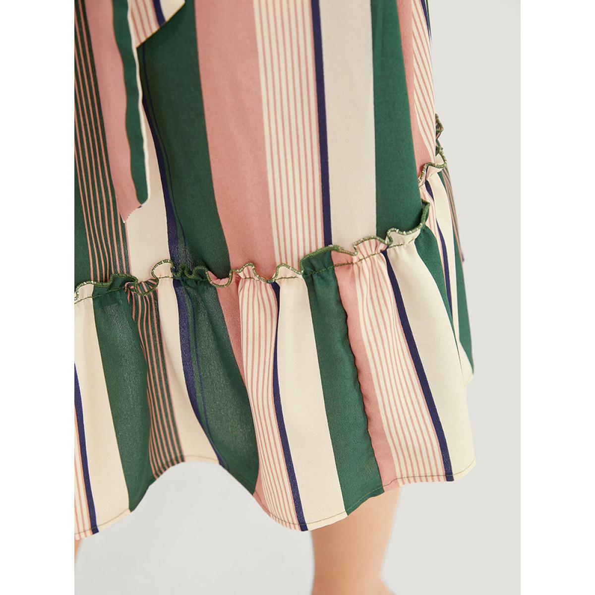 Plus Size Striped Contrast Cap Sleeve Belted Pocket Ruffle Hem Dress Multicolor Women Vacation Contrast V-neck Cap Sleeve Curvy Knee Dress BloomChic 30/6X Product Image