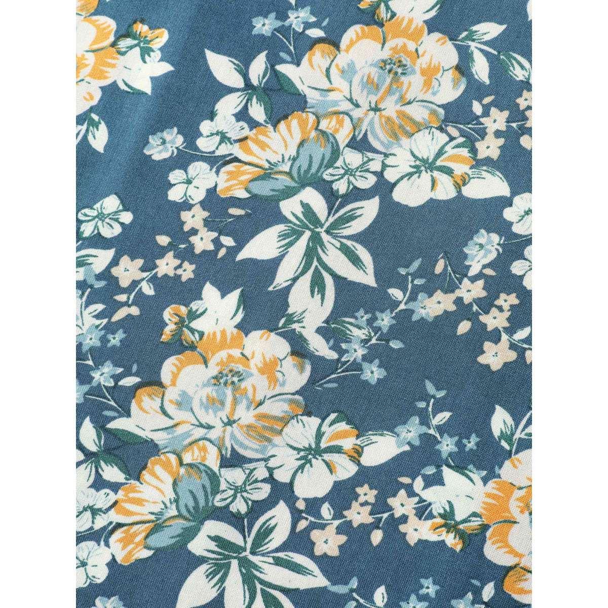 Plus Size Floral Contrast Button V-Neck Midi Dress Cerulean Women Contrast V-neck Half Sleeve Curvy BloomChic 14-16/1X Product Image