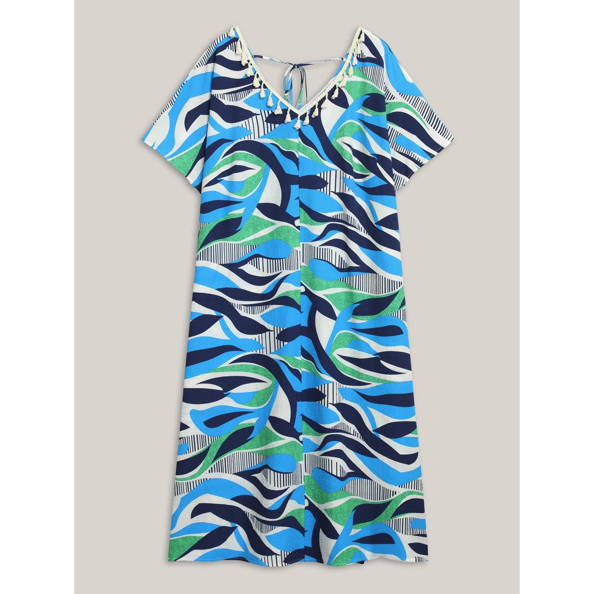 Plus Size Abstract Print Backless Ribbon Maxi Dress Multicolor Women V-neck Short sleeve Curvy BloomChic 30/6X Product Image