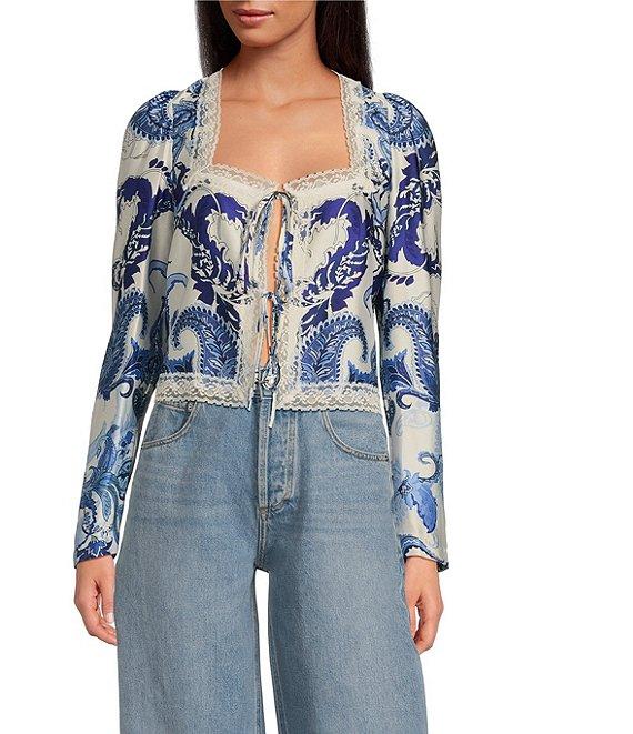 Gianni Bini Callie Satin Lace Trim Tie Front Square Neck Long Sleeve Chambray Blouse Product Image