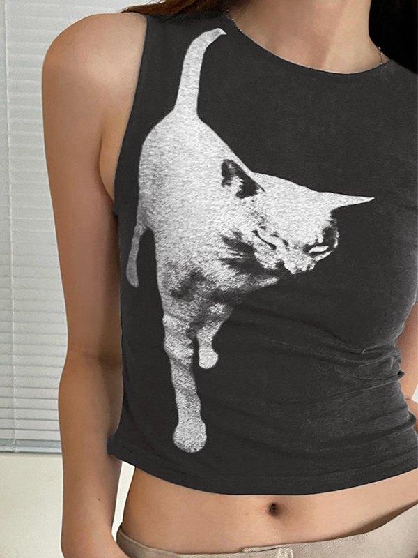 Cat Print Cropped Tank Top Product Image