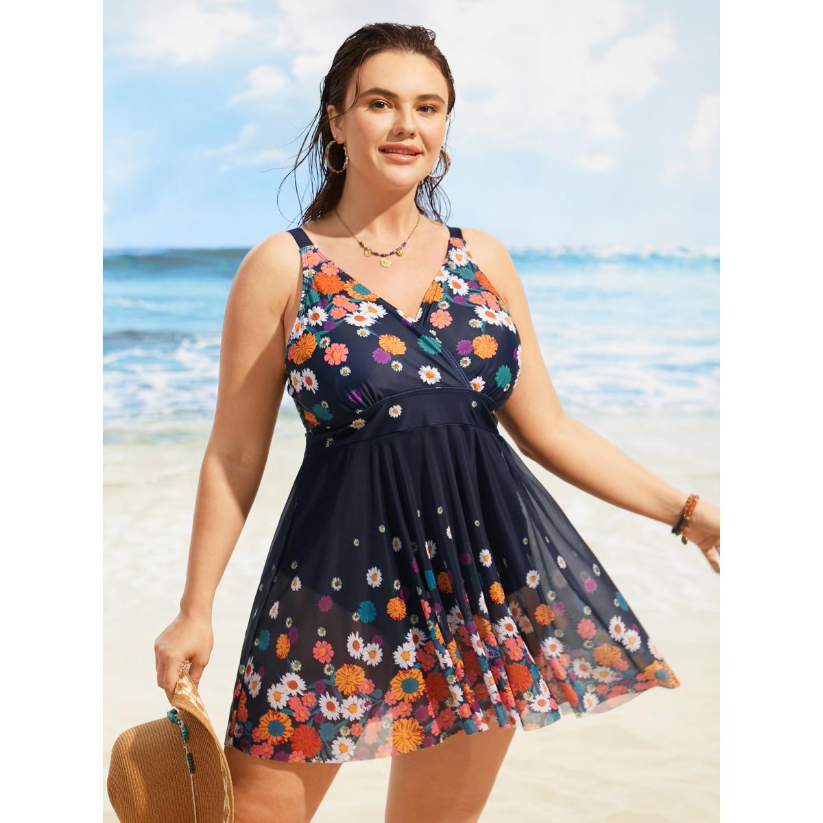 Plus Size Overlap Collar Floral Patchwork Mesh Swim Dress Women's Swimwear Indigo Beach Bodycon Overlap Collar High stretch Curve Swim Dresses BloomChic 28/5X Product Image