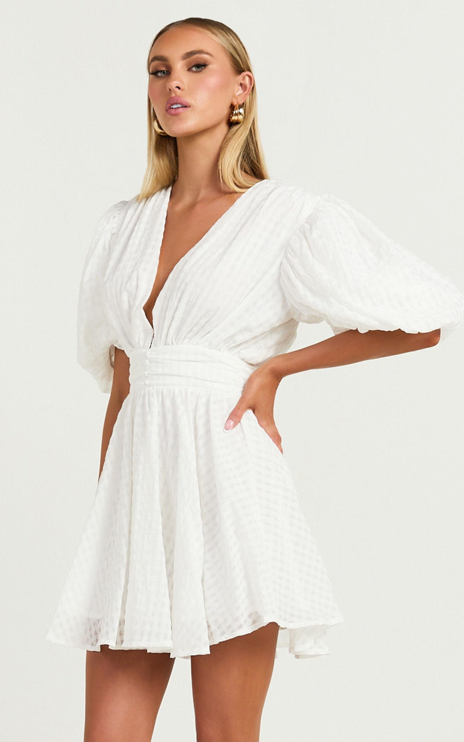 Xandy Mini Dress - Textured Puff Sleeve Plunge Dress in White Product Image