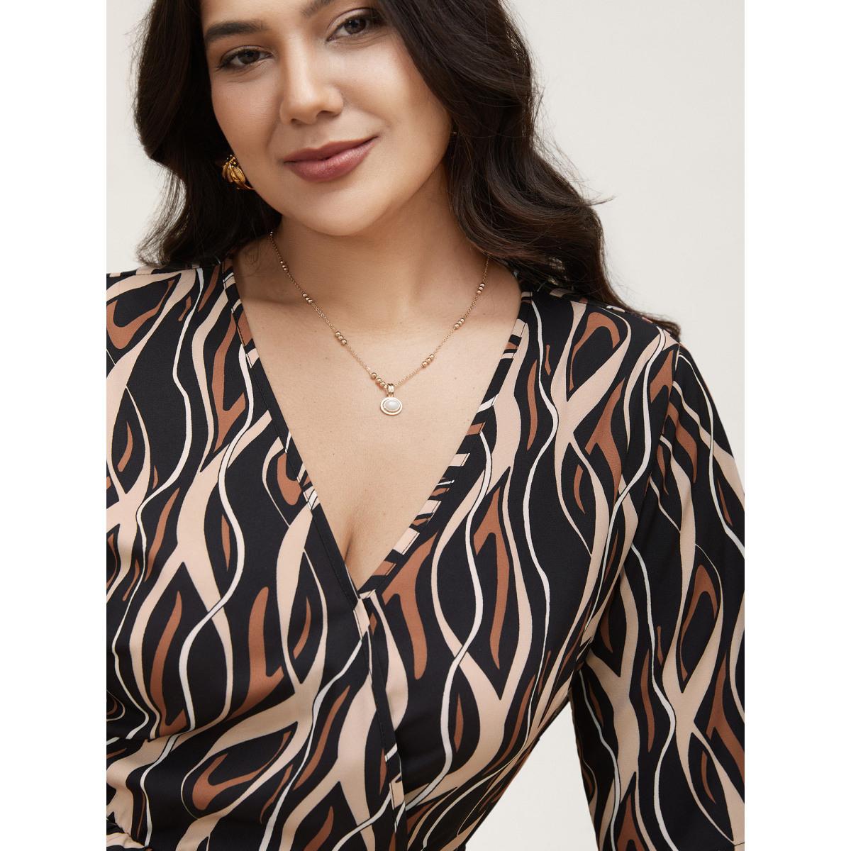 Plus Size Abstract Print Surplice Neck Pockets Midi Dress BlackFlower Women Elegant Non Overlap Collar Short sleeve Curvy BloomChic 14-16/1X Product Image