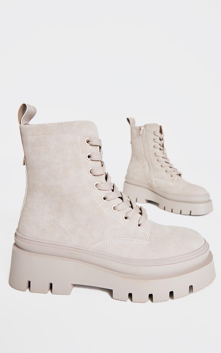 Beige Round Toe Chunky Sole Biker Boots Product Image