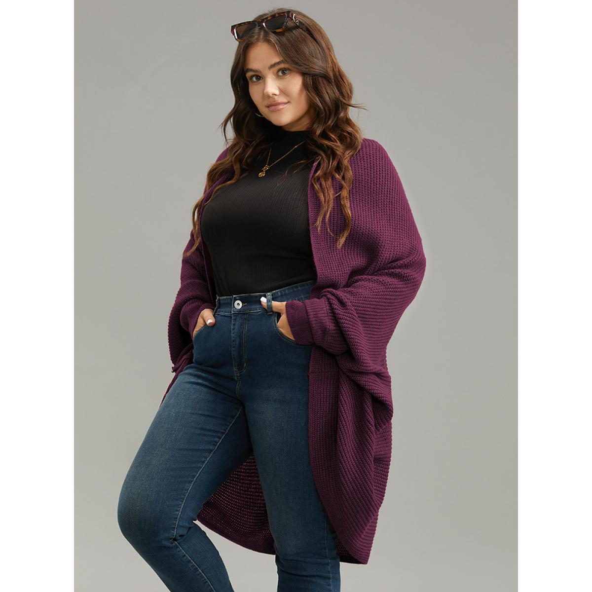 Plus Size Solid Dolman Sleeve Arc Hem Cardigan Burgundy Women Casual Loose Long Sleeve Dailywear Cardigans BloomChic 26/4X Product Image
